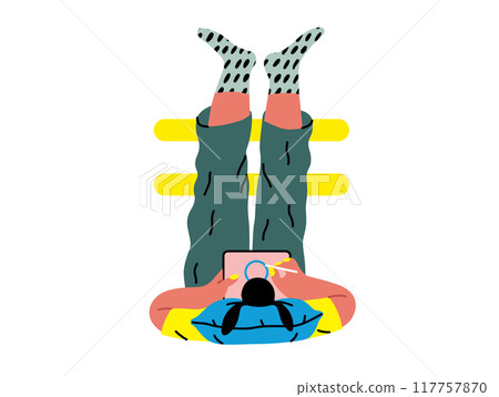 Creative workspace, modern flat vector concept illustration of a woman working laying down with a computer Remote work, flexibility, independence, efficiency, mobility, synergy, freedom 117757870