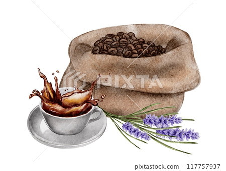 Splash coffee with a bag of coffee beans and lavender branches Splash coffee with a bag of coffee beans and lavender branches 117757937