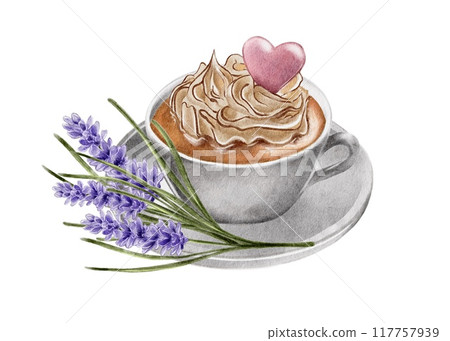 Cup of coffee with cream and pink heart 117757939
