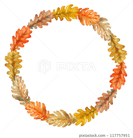 Wreath of autumn colorful orange, brown oak leaves. Watercolor illustration of hand drawn round frame template. Texture of natural foliage, acorns for harvest festival, Thanksgiving, Halloween 117757951