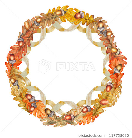 Wreath of autumn colorful orange, brown oak leaves, acorns with openwork frame. Watercolor illustration template. Texture of natural foliage, acorns for harvest festival, Thanksgiving, Halloween 117758020