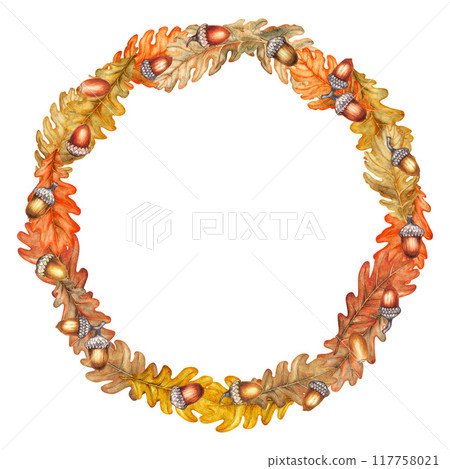 Wreath of autumn orange, brown oak leaves and acorns. Watercolor illustration of hand drawn round frame template. Texture of natural foliage, acorns for harvest festival, Thanksgiving, Halloween 117758021
