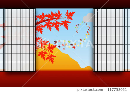 Shoji，門，門，格子，開放，開放，日式，日式房間，日式，日式，日本，落葉，秋葉，楓葉，樹葉，樹葉，樹木， 117758031