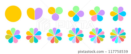 Set of flower diagrams divided on equal sections from 1 to 12. Floral pie charts with colorful leaves isolated on white background. Round-shaped templates for data presentation. Vector illustration 117758539