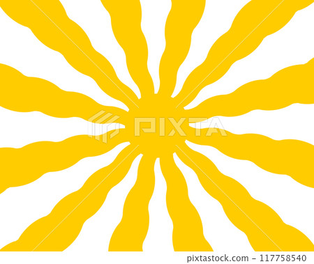 Sun with undulated yellow rays. Sunburst, sunrise or sunset background in trendy groovy style. Preppy spring or summer theme wallpaper. Modern psychedelic y2k print. Vector flat illustration 117758540