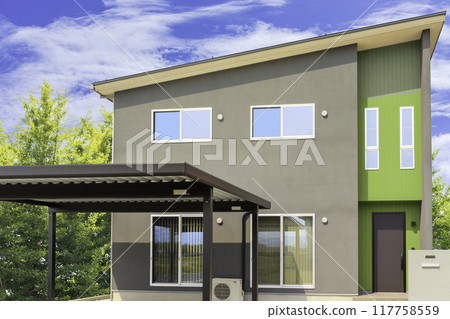 Modern house exterior with blue sky and carport Modern house exterior with blue sky and carport 117758559