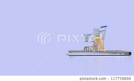 The product in paper bag on mobile phone for  food delivery or application concept 3d rendering. 117758608