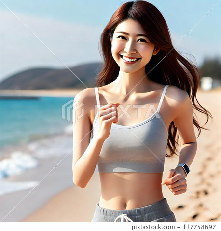 A woman enjoying jogging on the beach, drawn by a generator 117758697