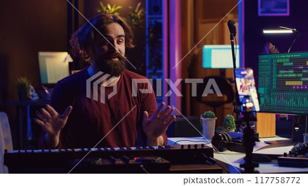 Piano teacher conducting online singing lesson for all people on internet, sharing valuable insights, and techniques in playing electronic keyboard notes. Social media educational video. Camera A. 117758772