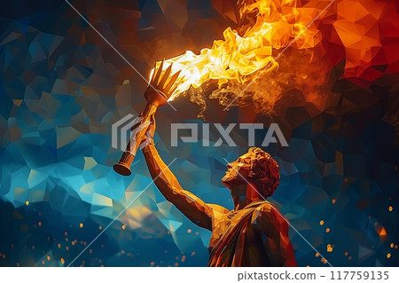 Man holds torch with Olympic fire in his hand. Abstract illustration of Olympic Games opening ceremony Man holds torch with Olympic fire in his hand. Abstract illustration of Olympic Games opening ceremony 117759135