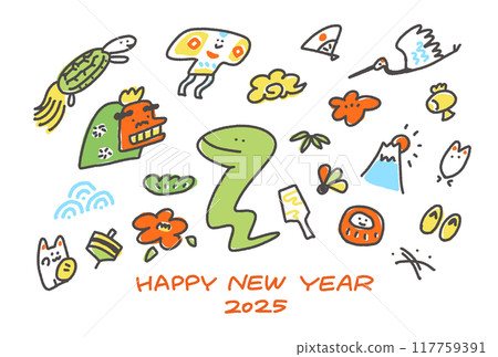 New Year's card with cute snake and lucky New Year's charms, Reiwa 7, 2025 117759391