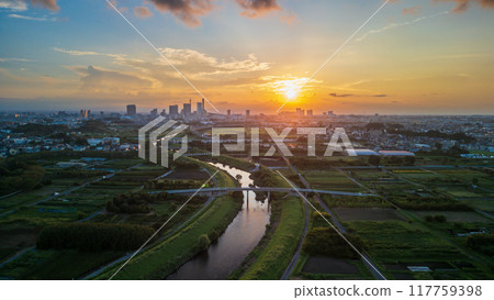 Aerial view of the Minuma rice fields in Saitama Prefecture, summer scenery and evening scenery, Saitama City 117759398