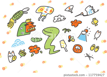 可愛的蛇和新年的幸運符插畫新年賀卡材料2025圓點 可愛的蛇和新年的幸運符插畫新年賀卡材料2025圓點 117759427