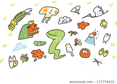可愛的蛇和新年的幸運符插圖新年賀卡材料2025年 117759428