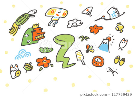 可愛的蛇和新年的幸運符插畫新年賀卡材料2025 117759429