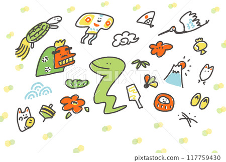 New Year's illustration of a cute snake and lucky charms New Year's card Year of the snake Polka dots 117759430