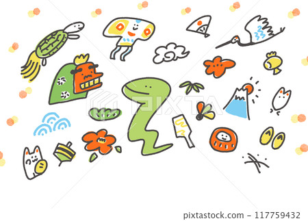 可愛的蛇和新年的幸運符插畫新年賀卡材料2025 117759432