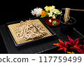 Soba noodles, a Japanese dish with a touch of autumn, served against a chic background 117759499