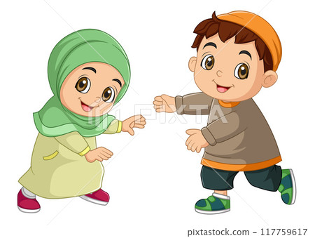 Happy muslim girl and boy cartoon of illustration 117759617