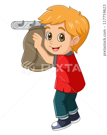Cartoon little boy hanging jacket of illustration 117759623