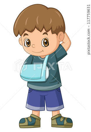 Cartoon little boy with broken arm of illustration 117759631