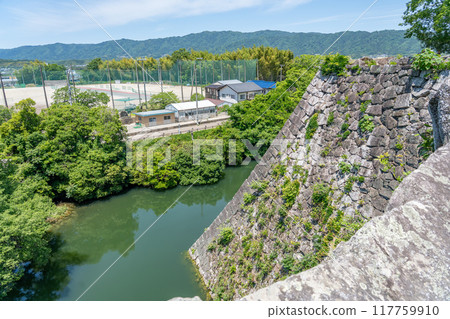 Iga City, Mie Prefecture: High stone walls and castle town of Iga Ueno Castle in early summer Iga City, Mie Prefecture: High stone walls and castle town of Iga Ueno Castle in early summer 117759910