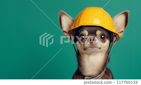 寵物防災。戴著黃色安全帽的吉娃娃狗臉部特寫。返回有複製空間或文字空間的 117760138