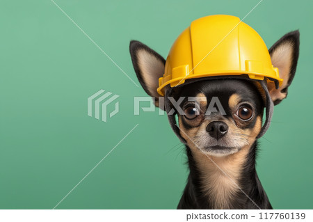 寵物防災。戴著黃色安全帽的吉娃娃狗臉部特寫。返回有複製空間或文字空間的 寵物防災。戴著黃色安全帽的吉娃娃狗臉部特寫。返回有複製空間或文字空間的 117760139