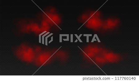 Red smoke, colorful fog, realistic smog, haze, mist or cloudiness effect. 117760140