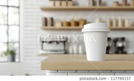 AI-generated realistic image of a paper coffee cup and wooden counter for label-free mockup AI-generated realistic image of a paper coffee cup and wooden counter for label-free mockup 117760157