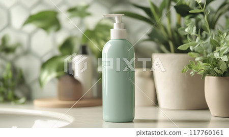 AI 生成的圖像真實地描繪了一個綠色洗髮精瓶，用於無標籤模型 117760161