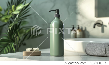 AI-generated realistic image of a green shampoo bottle for label-free mockup 117760164