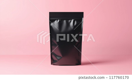 Realistic AI-generated image of black food ziplock bag with pink background for label-free mockup 117760170