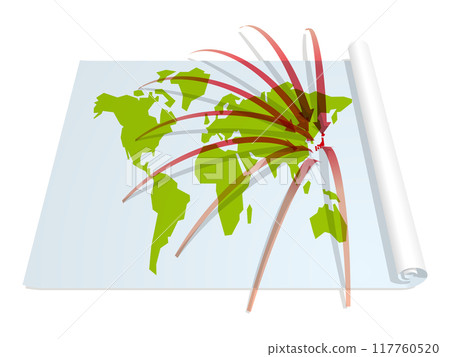 World map of red arrows pointing to Japan from all over the world Vector illustration World map of red arrows pointing to Japan from all over the world Vector illustration 117760520