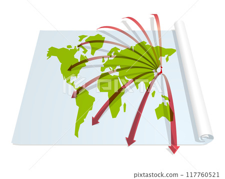 World map with red arrows spreading from Japan to the world Vector illustration World map with red arrows spreading from Japan to the world Vector illustration 117760521