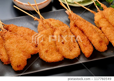 Kushikatsu, skewered fried food, local cuisine, Osaka, whiting, lotus root, shrimp, squid, sauce 117760549