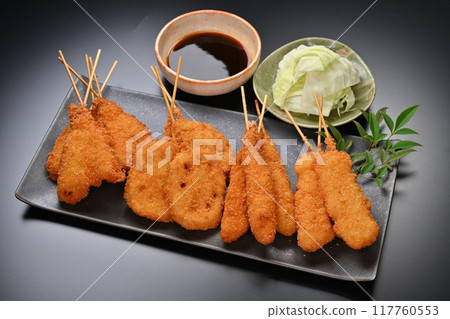 Kushikatsu, skewered fried food, local cuisine, Osaka, whiting, lotus root, shrimp, squid, sauce 117760553