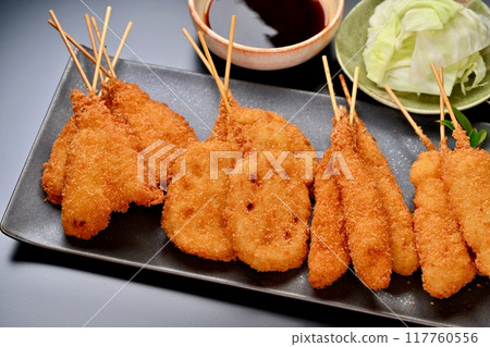 Kushikatsu, skewered fried food, local cuisine, Osaka, whiting, lotus root, shrimp, squid, sauce 117760556