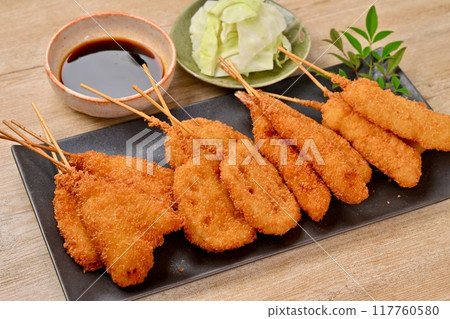 Kushikatsu, skewered fried food, local cuisine, Osaka, whiting, lotus root, shrimp, squid, sauce 117760580
