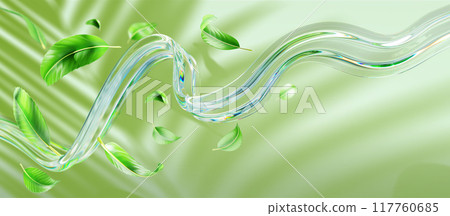 3d water splash with tea or mint leaves and palm leaf shadow on light green background. Render transparent liquid wave fluid flow with foliage for menthol drink or mouthwash ad banner. 3D illustration 117760685