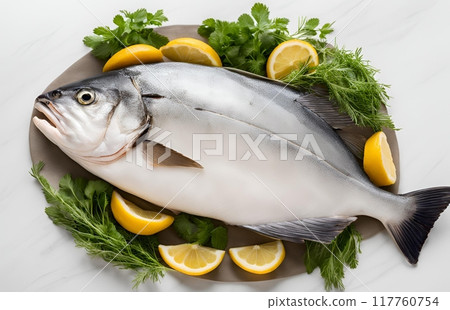Raw Halibut, accompanied by fresh lemon and herbs, ready to be prepared into a special delicious meal. Perfect for creating an exceptional seafood dish. AI Generated 117760754