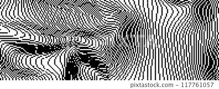 Dithered curved wavy texture. Black pixelated glitch lines background. Digitalized distorted stripes for banner, poster, flyer, brochure, booklet. Abstract rasterized noise overlay wallpaper. Vector Dithered curved wavy texture. Black pixelated glitch lines background. Digitalized distorted stripes for banner, poster, flyer, brochure, booklet. Abstract rasterized noise overlay wallpaper. Vector 117761057