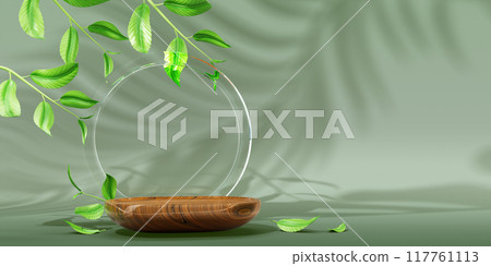 3d wooden product podium display with glass circle arch, tree branches and leaves render green background. Brown wood pedestal platform for natural herbal cosmetics, healthy skin care. 3D illustration 3d wooden product podium display with glass circle arch, tree branches and leaves render green background. Brown wood pedestal platform for natural herbal cosmetics, healthy skin care. 3D illustration 117761113