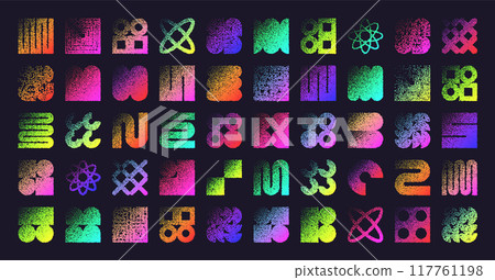 Brutalist geometric shapes, dotted objects. Stipple elements modern symbols. Neon primitive forms. Retro design, trendy contemporary minimalist style, y2k. Dot shading, drawing. Vector illustration Brutalist geometric shapes, dotted objects. Stipple elements modern symbols. Neon primitive forms. Retro design, trendy contemporary minimalist style, y2k. Dot shading, drawing. Vector illustration 117761198