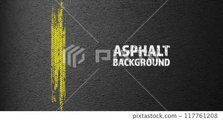Yellow grunge tire tracks, wheel braking marks. Truck, car or motorcycle tread pattern silhouettes. Auto race, motorsport, speed racing design element. Asphalt texture. Vector illustration 117761208