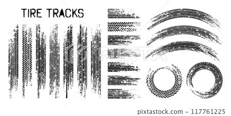 Grunge tire tracks, wheel braking marks. Truck, car or motorcycle tread pattern silhouettes. Auto race, motorsport, speed racing design element. Vector illustration Grunge tire tracks, wheel braking marks. Truck, car or motorcycle tread pattern silhouettes. Auto race, motorsport, speed racing design element. Vector illustration 117761225