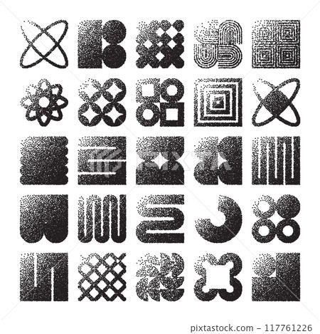 Brutalist geometric shapes, dotted objects. Stipple elements modern symbols. Simple primitive forms. Retro design, trendy contemporary minimalist style, y2k. Dot shading, drawing. Vector illustration Brutalist geometric shapes, dotted objects. Stipple elements modern symbols. Simple primitive forms. Retro design, trendy contemporary minimalist style, y2k. Dot shading, drawing. Vector illustration 117761226