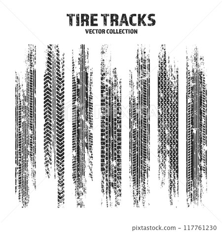 Grunge tire tracks, wheel braking marks. Truck, car or motorcycle tread pattern silhouettes. Auto race, motorsport, speed racing design element. Vector illustration 117761230