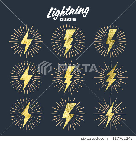 Set of vintage golden lightning bolts and sun rays. Gold foil texture. Lightnings with sunburst effect. Thunderbolt, electric shock sign. Vector illustration Set of vintage golden lightning bolts and sun rays. Gold foil texture. Lightnings with sunburst effect. Thunderbolt, electric shock sign. Vector illustration 117761243