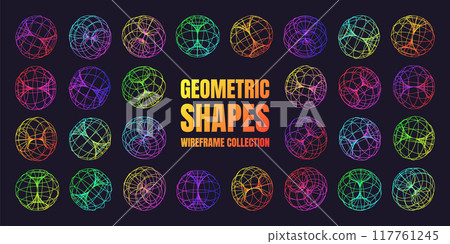 Neon lined wireframe shapes. Perspective mesh, 3d grid. Low poly geometric elements. Retro futuristic design elements, y2k, vaporwave and synthwave style. Vector illustration Neon lined wireframe shapes. Perspective mesh, 3d grid. Low poly geometric elements. Retro futuristic design elements, y2k, vaporwave and synthwave style. Vector illustration 117761245